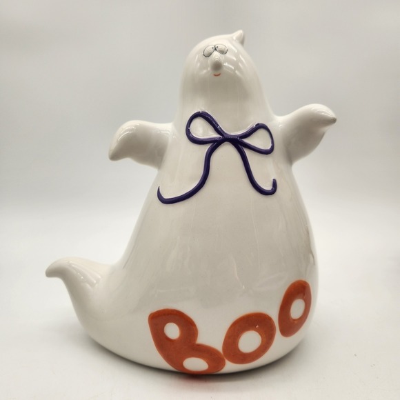 SAPOTA Other - White Ceramic Whimsical Halloween Ghost Figurine Orange "BOO" Purple Bow Decor